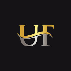Gold And Silver letter UF Logo Design with black Background. UF Letter Logo Design