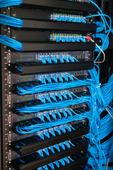 Network switch and ethernet cable connect to computer - obrazy, fototapety, plakaty