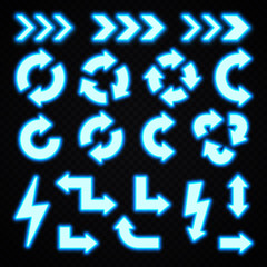 Glowing blue neon arrows set isolated on transparent background. Shining led halogen lamp light effect. Illuminated direction symbol. Circle recycling arrow lightning bolt. Bright vector illustration.