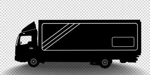 Vector detailed silhouette of truck isolated on transparent background. Black and white vehicle icon with shadow. Vector illustration