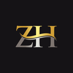 Initial Gold and Silver ZH Letter Linked Logo with Black Background. Creative Letter ZH Logo Design.