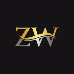 Initial Gold and Silver ZW Letter Linked Logo with Black Background. Creative Letter ZW Logo Design.