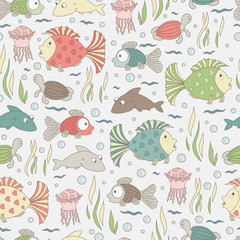 Sea animals Seamless pattern. Fish background.