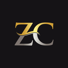Initial Gold and Silver ZC Letter Linked Logo with Black Background. Creative Letter ZC Logo Design.
