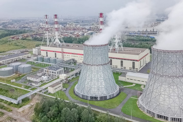 Soaring steam towers of nuclear power plant.