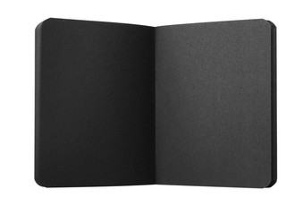 Stylish open black notebook isolated on white, top view