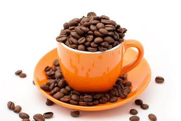 Roasted coffee beans in an orange cup