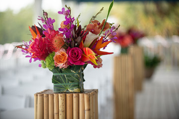 bouquet of flowers in a vase on wooden table