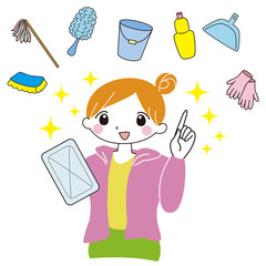 掃除グッズ　指を差す女性　雑巾　イメージ