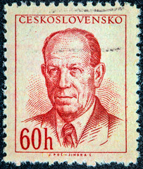 A stamp printed in Czechoslovakia shows a portrait of the President Zapotocky