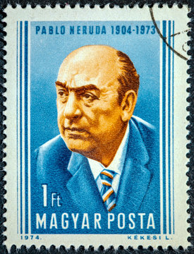 A stamp printed in Hungary shows Pablo Neruda Chilean poet and Nobel Prize in literature