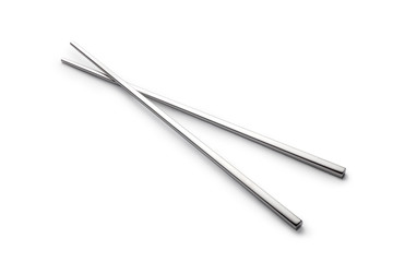 Silver metal chopsticks on white background