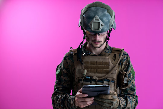 soldier using tablet computer closeup