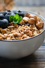 Homemade Chocolate Nut Granola with Fresh Blueberries.