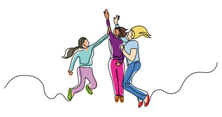 continuous line drawing of group of happy women jumping giving high five