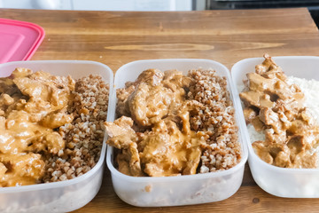 Goulash with buckwheat in plastic containers