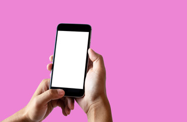 Hand holding white mobile phone with blank white screen.