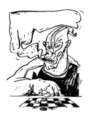The masked man smokes a cigar and plays checkers. Black and white illustration, perfect for use in publications, packaging design, prints, posters, t-shirts, souvenirs.