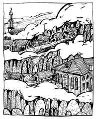 Village houses, trees, church and smoke. Black and white illustration, perfect for use in publications, packaging design, prints, posters, souvenirs.