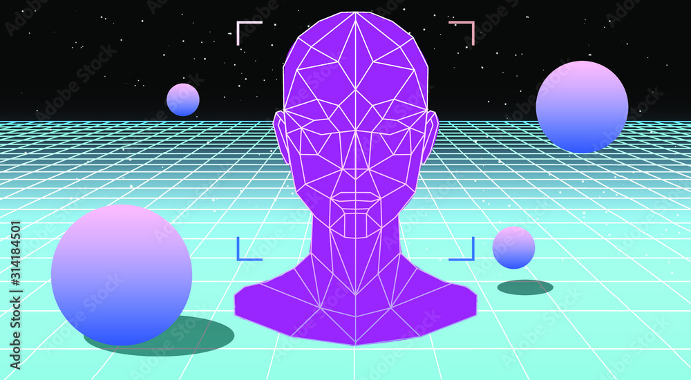 Aufkleber retrowave/ vaporwave/ synthwave style illustration with 3d grid of human head with floating in zero 