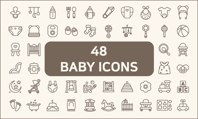 Set of 48 baby and kid Icons line style.  Contains such Icons as toy, baby bottle, feeding bottle, diaper, nappy, mobile, clothing, socks and more. customize color, stroke width control , easy resize.