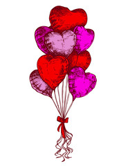 Sketch heart shape balloons, St. Valentine's Day card. Hand drawn Colorful valentine poster