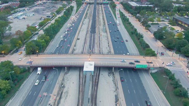 Aerial: Freeway rush hour traffic on the 290 Freeway. Chicago, Illinois, USA
