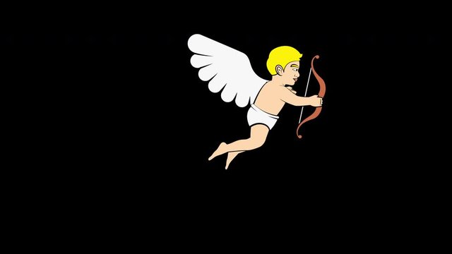 motion graphics of Cupid fly and shoot arrow with black silhouette on black screen