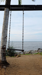 Simple swing by a coconut tree trunk, at the beach, looking out to the sea.