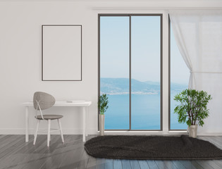 Fototapeta na wymiar Empty poster template on the wall in a room with a panoramic window. Empty frame mockup for pictures and lettering. 3D rendering. 3D illustration.