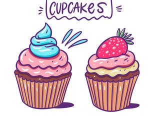 Two sweet creamy cupcakes. Vector illustration. Cartoon style.