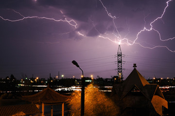 Photo taken at long exposure, several lightning strikes on a power pole in the city. 