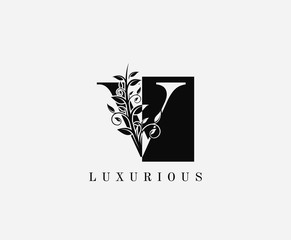 V Letter Luxury Vintage Logo. Minimalist V With Classy Leaves Shape design perfect for fashion, Jewelry, Beauty Salon, Cosmetics, Spa, Hotel and Restaurant Logo. 