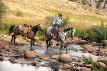 cowgirl leading horses through water