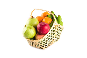 composition variety fruits wicker basket on white background fruit health food isolated