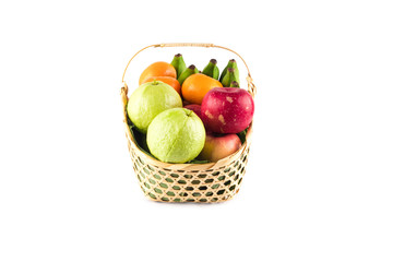 composition assorted fresh fruits bamboo wicker basket on white background fruit health food isolated