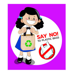 say no to plastic, use cloth bags,  man with a cloth bag, Hands up,World environment day concept. Green Eco Earth. Vector illustration.