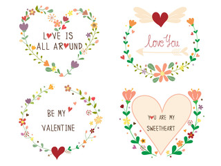 Fototapeta na wymiar Wreath floral in Valentine concept look so sweet. 4 piece cute Valentine's day wreath on white isolated background with blessing text or wishing message. Hand drawing beautiful vector art design.