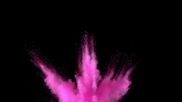 Realistic pink powder dust explosion on black background. Slow motion movement in three directions