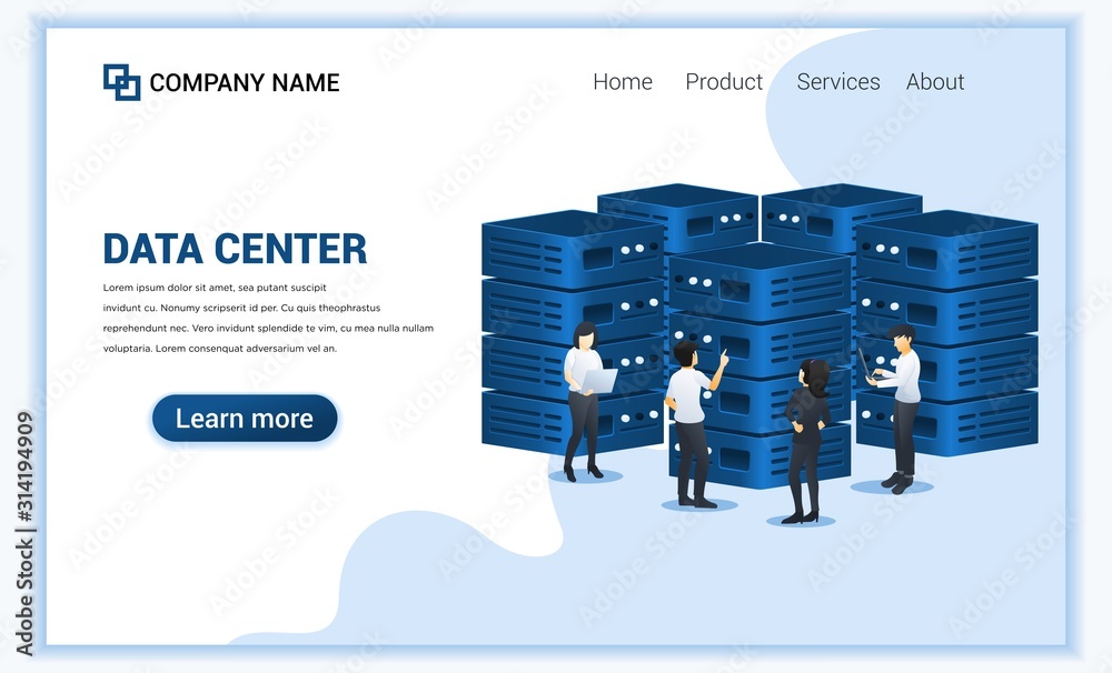 Fototapete Modern Flat design concept of Data Center Services with characters using laptop managing data in front servers. Can use for web banner, landing page, website template. Flat vector illustration