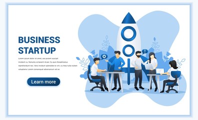 Business start up concept with people work near a rocket ready getting launch. Can use for web banner, infographics, landing page, web template. Flat vector illustration