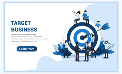 Business web banner concept design. Businessmen shaking hands have reach the target of business work on big target board. Goal achievement, partnership, leadership. Flat vector illustration