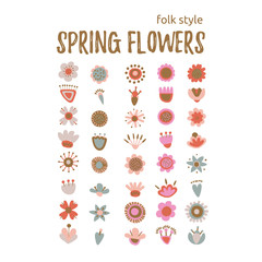 Floral elements set. Flower head, petals. Fantasy folk hand drawn design elements. Colorful flat cartoon vector