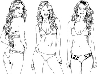 Fototapeta na wymiar vector drawings on the theme of beautiful slim sporty girl in casual clothes in various poses painted ink hand sketch with no background 