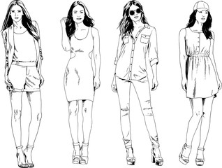 vector drawings on the theme of beautiful slim sporty girl in casual clothes in various poses painted ink hand sketch with no background	