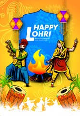 Punjabi festival of lohri celebration bonfire background with wishes of Happy Lohri