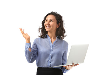Portrait of businesswoman with laptop showing something on white background - Powered by Adobe