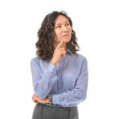 Portrait of thoughtful businesswoman on white background