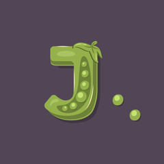 Peas in a form of letter J - vegetable lettering design. Vector illustration.