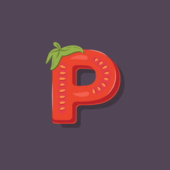 Tomato in a form of letter P - vegetable lettering design. Vector illustration.